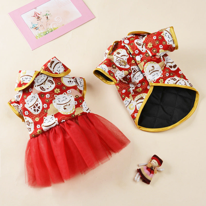 Pet clothes autumn and winter new warm festive Tang suit foreign trade dog clothes lucky cat elk New Year Christmas clothes