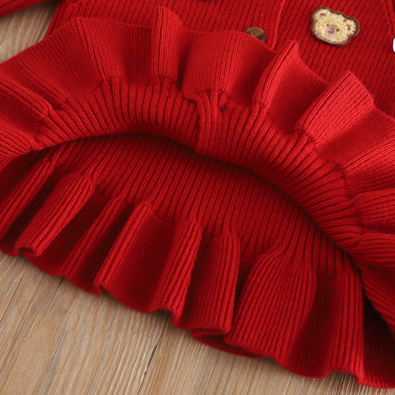 Girls sweater and pants suit red knitted two-piece suit 2023 autumn and winter baby girl bear stylish top straight tube