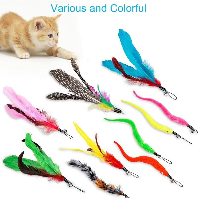Pet cat toy set colorful feather fishing rod caterpillar bell replaceable head cat amuse stick