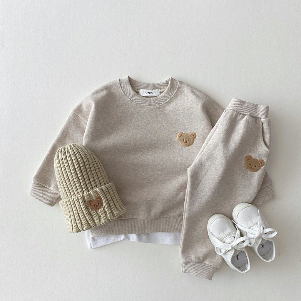 Korean version ins newborn baby cotton bear round neck sweater sports suit baby casual cartoon two-piece suit