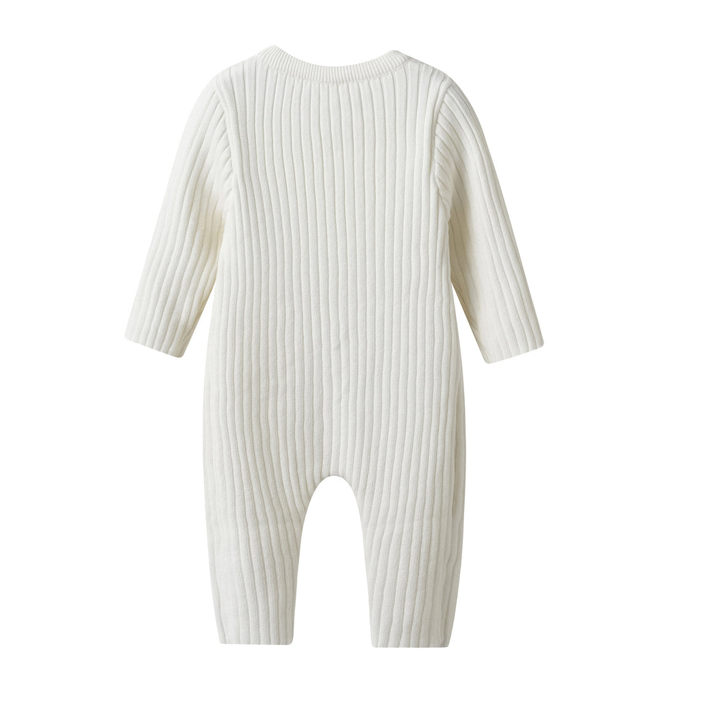 Korean version of ins style baby jumpsuit autumn and winter clothes solid color striped knitted crawling clothes boys and girls baby sweater romper