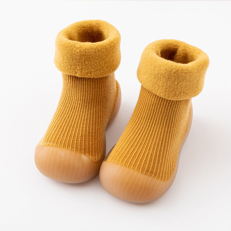 Autumn and winter baby solid color soft sole non-slip toddler shoes children's mid-tube indoor snow warm socks shoes plus velvet thickening