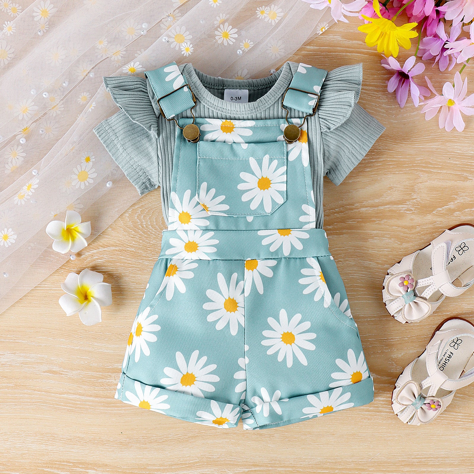 Baoxin children's clothing European and American summer ribbed flying sleeves baby romper multi-color printed flower overalls baby suit
