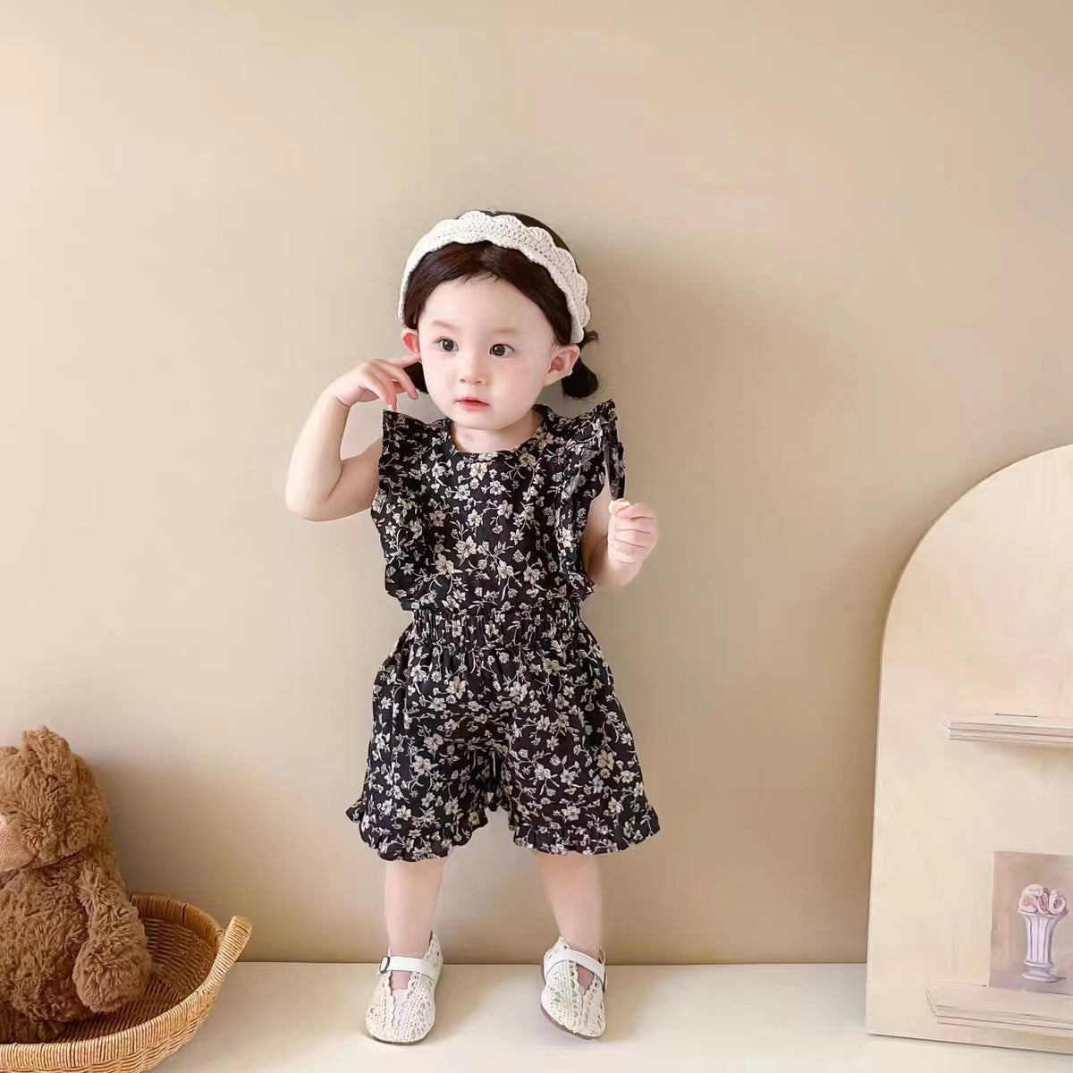 Girls suit summer Korean style children's clothing baby girl cotton floral stylish small flying sleeve children's top shorts two-piece suit