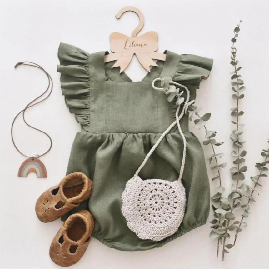 European and American baby cotton and linen romper jumpsuit crawling clothes ruffled straps fart clothes Amazon baby romper