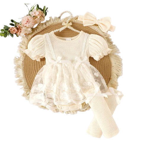 Amazon foreign trade baby suit European and American style summer puff sleeve splicing mesh bag fart romper foot socks headband