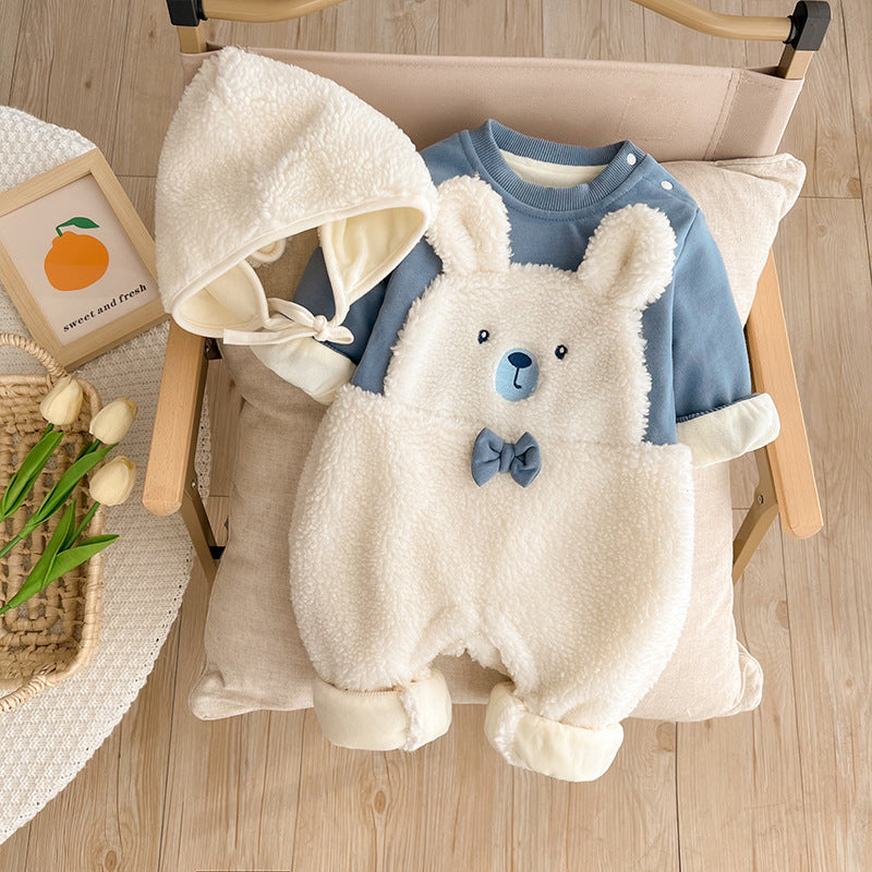 Newborn baby clothes, autumn and winter clothes for going out, cute baby boy jumpsuits, plus velvet, warm going out clothes, winter clothes