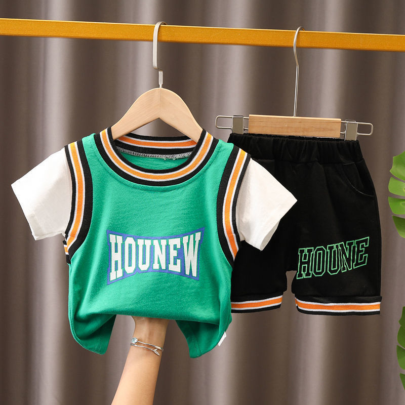 Boys summer clothes children's short-sleeved suits summer new style little boy baby fashion striped polo shirt two-piece suit trendy