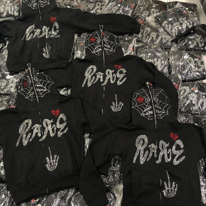 2022 Halloween cross-border new European and American autumn and winter men and women Y2K trend rhinestone loose hooded cardigan sweater