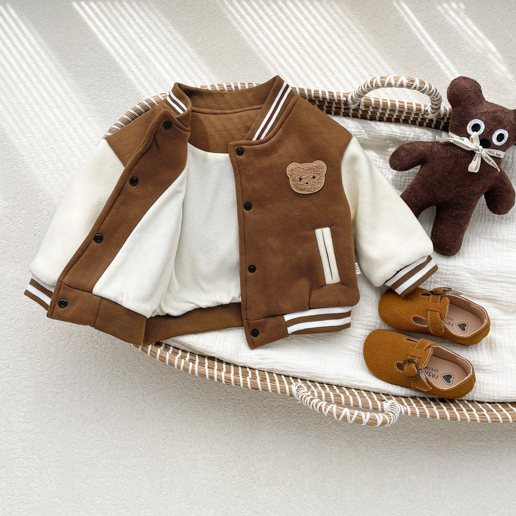 2024 Korean version children's jacket autumn and winter style plus velvet cartoon bear cardigan top baby Korean baseball jacket