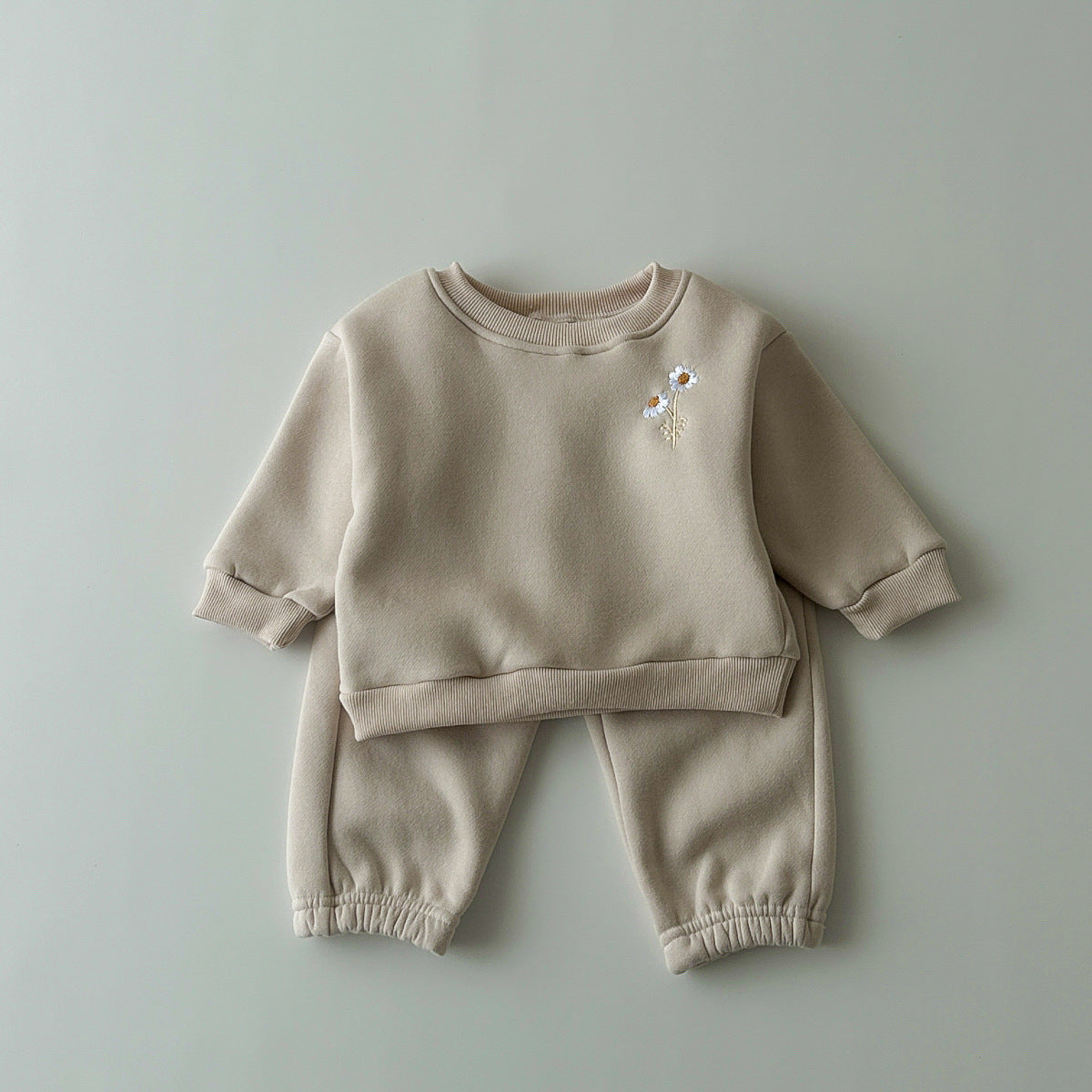 INS Korean version of the winter newborn floral embroidery plus velvet long-sleeved two-piece children's baby round neck sweater suit