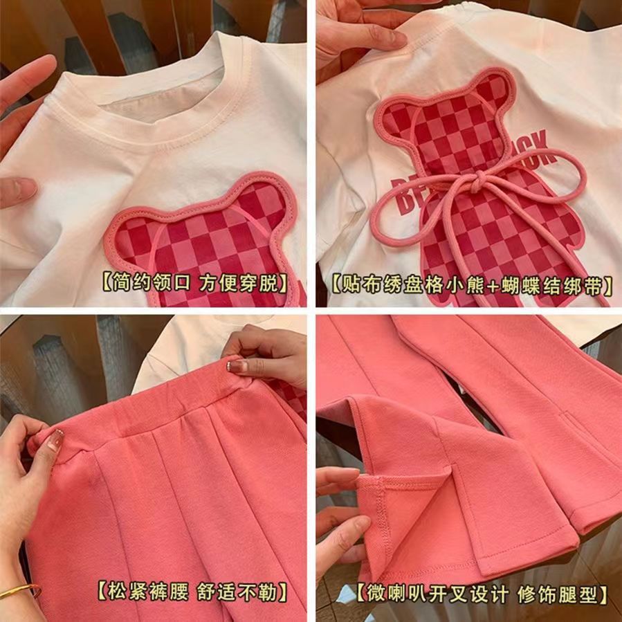 Summer new cartoon print T-shirt flared pants stylish bear baby girl short-sleeved net celebrity suit two-piece suit