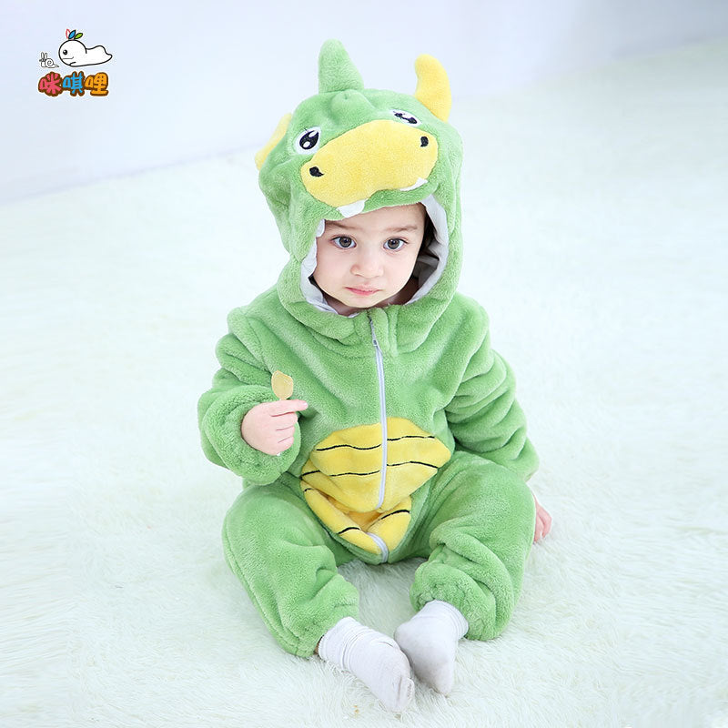 Mimi miles green dinosaur baby hooded animal crawling clothes flannel children's clothes cute baby crawling clothes