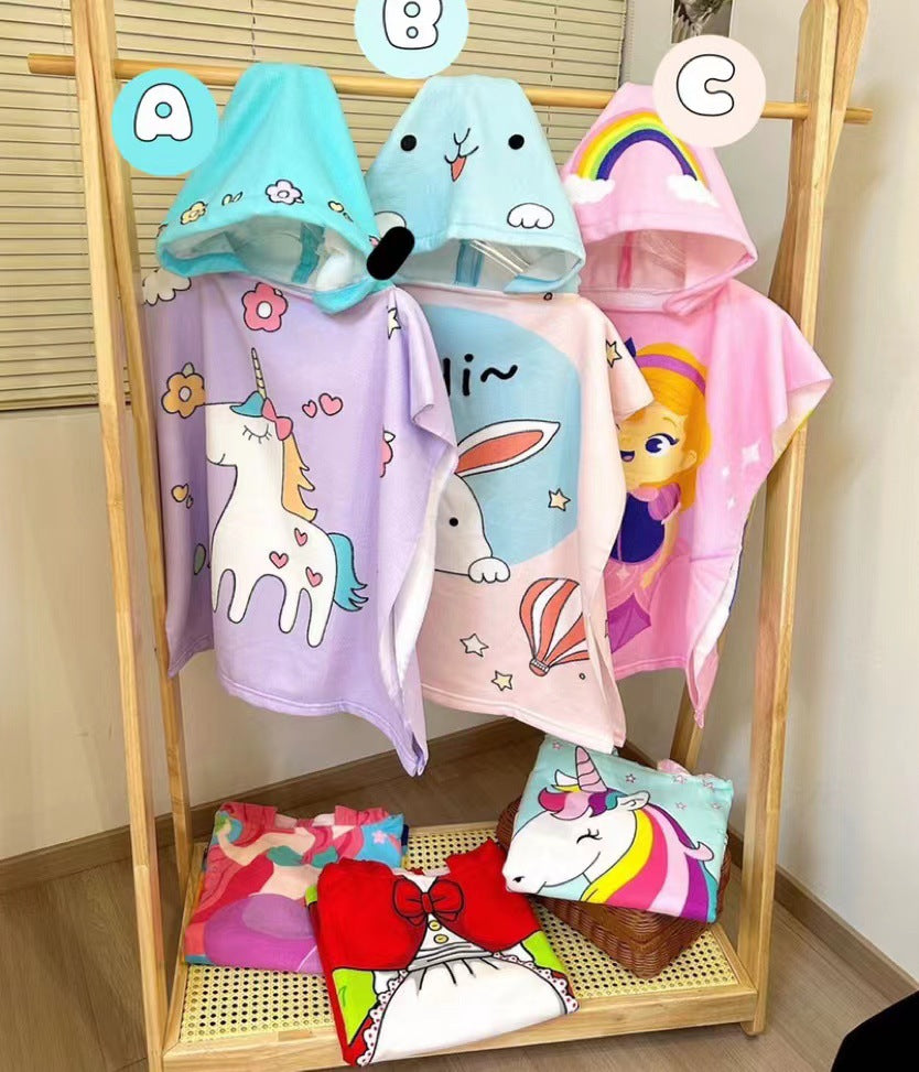 Cartoon Children's Bath Towel Cape Wearable Hooded Cape Baby Bath Absorbent Quick-Drying Beach Towel Bathrobe Towel