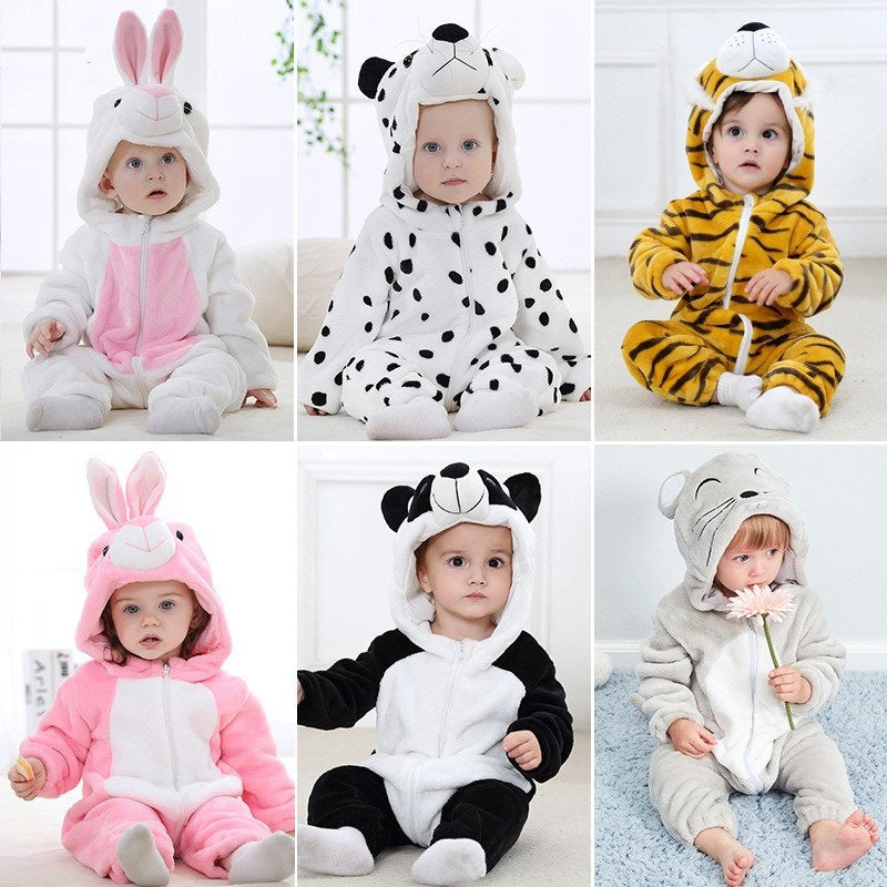 Male and female baby cartoon animal hat jumpsuit cross-border children's clothing cute ears flannel warm sleeping clothes