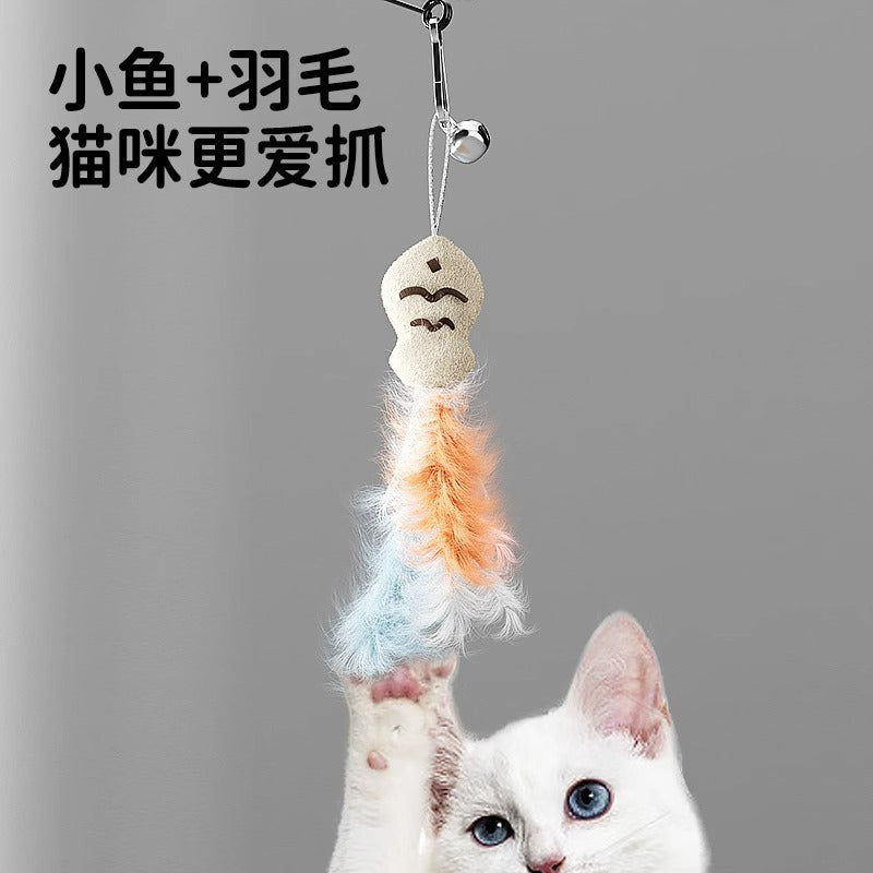 Cartoon chinchilla 360 rotating fishing cat teaser stick self-entertainment replaceable feather long rod cat teaser pet toy