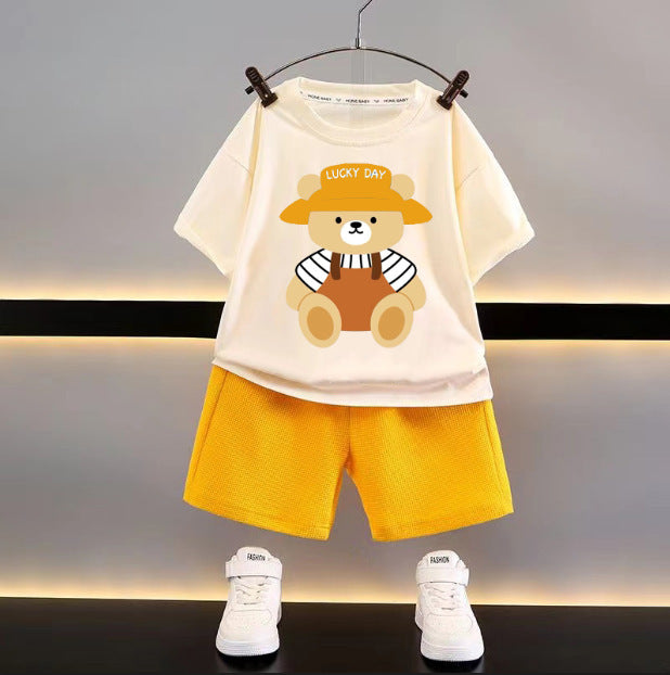 Summer children's short-sleeved shorts suit boy loose casual clothes boy waffle baby children's clothing wholesale