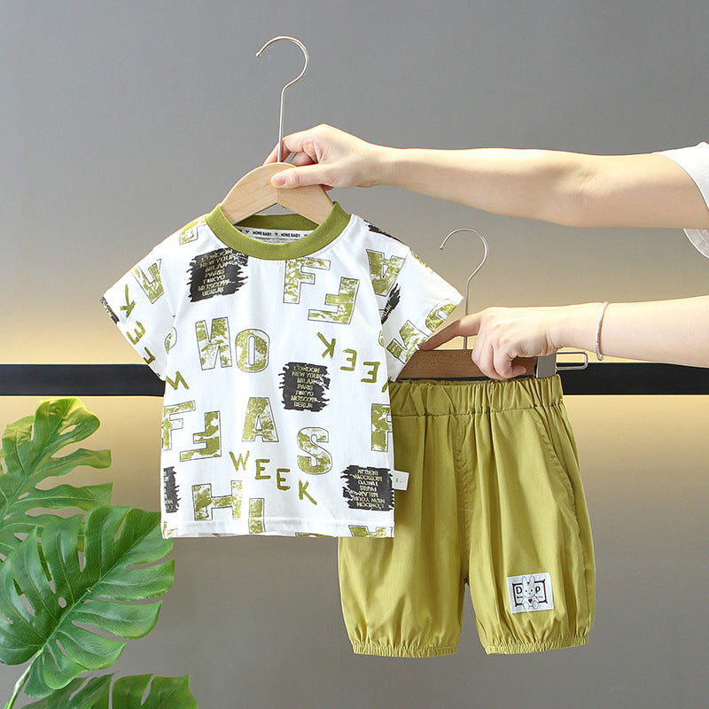 Boys summer clothes children's short-sleeved suits summer new style little boy baby fashion striped polo shirt two-piece suit trendy