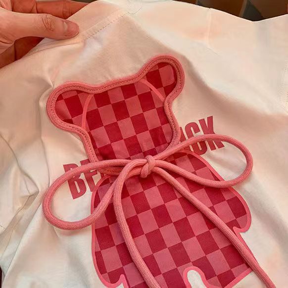 Summer new cartoon print T-shirt flared pants stylish bear baby girl short-sleeved net celebrity suit two-piece suit