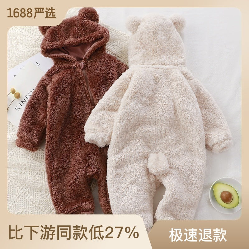 Baby jumpsuit, winter newborn warm rompers, baby plush outer coveralls, children's pajamas, bear clothes