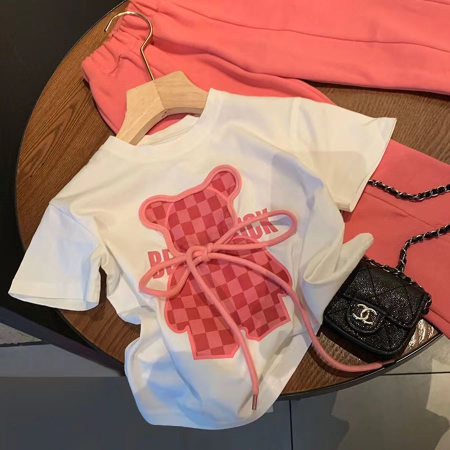 Summer new cartoon print T-shirt flared pants stylish bear baby girl short-sleeved net celebrity suit two-piece suit