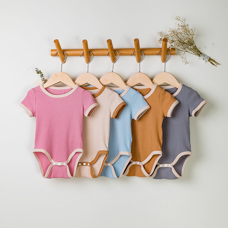 2025 Factory Wholesale Spring and Autumn New Baby Clothes Boys and Girls Short Sleeve Contrast Color Romper Crawling Clothes One-piece Clothes