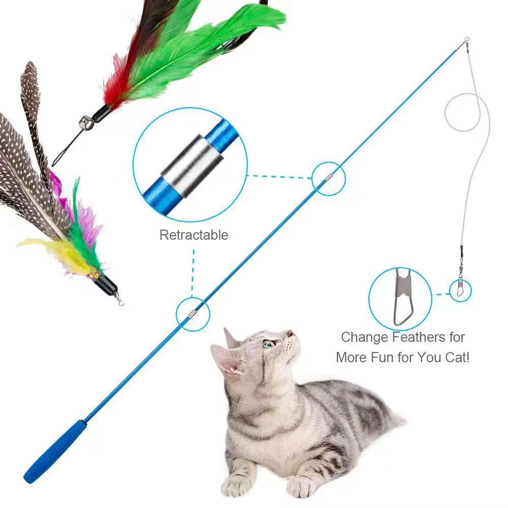 Pet cat toy set colorful feather fishing rod caterpillar bell replaceable head cat amuse stick