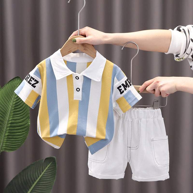 Boys summer clothes children's short-sleeved suits summer new style little boy baby fashion striped polo shirt two-piece suit trendy