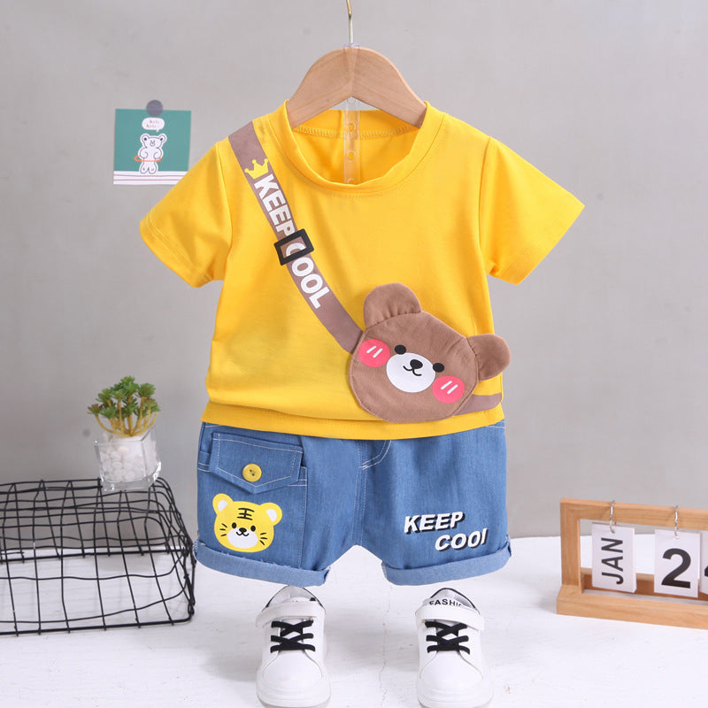 Summer Korean version of children's clothing children's short-sleeved shorts suit Western style baby summer clothing children's shoulder bag T-shirt cartoon suit 5
