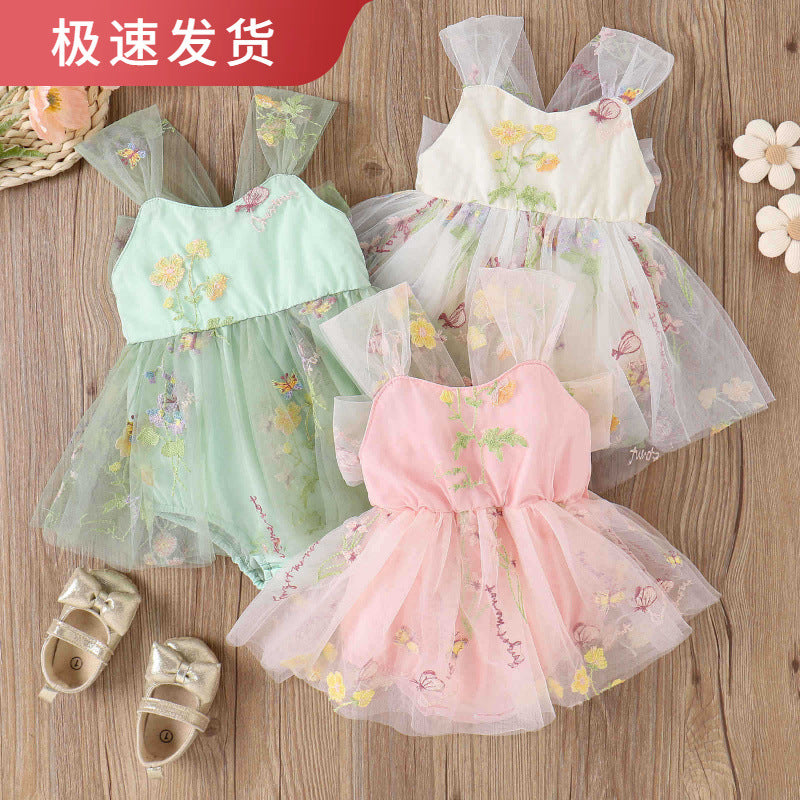 Baoxin children's clothing Korean version spring and summer girls baby sling embroidered flowers mesh princess can open crotch fart baby romper