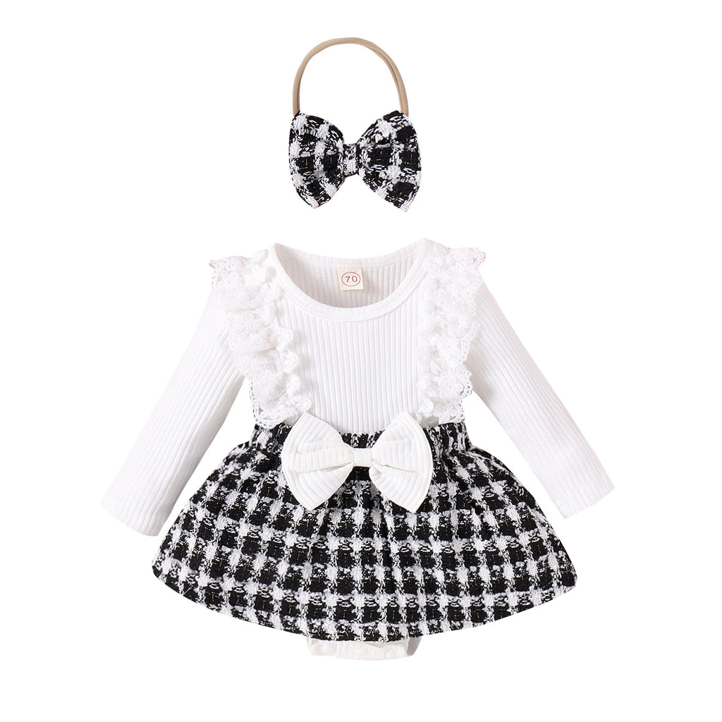 Baoxin children's clothing Xiaoxiang style autumn and winter baby girl lace long sleeve splicing woven plaid skirt bowknot romper