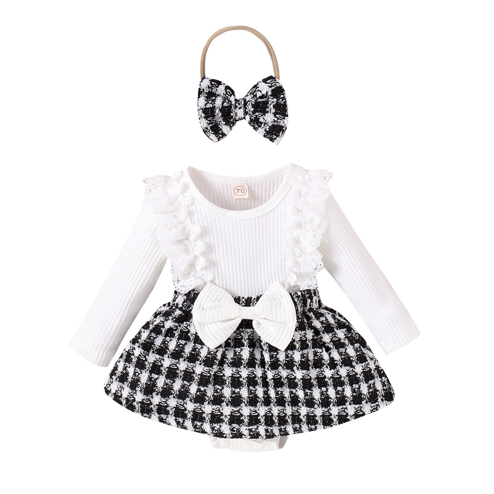 Baoxin children's clothing Xiaoxiang style autumn and winter baby girl lace long sleeve splicing woven plaid skirt bowknot romper