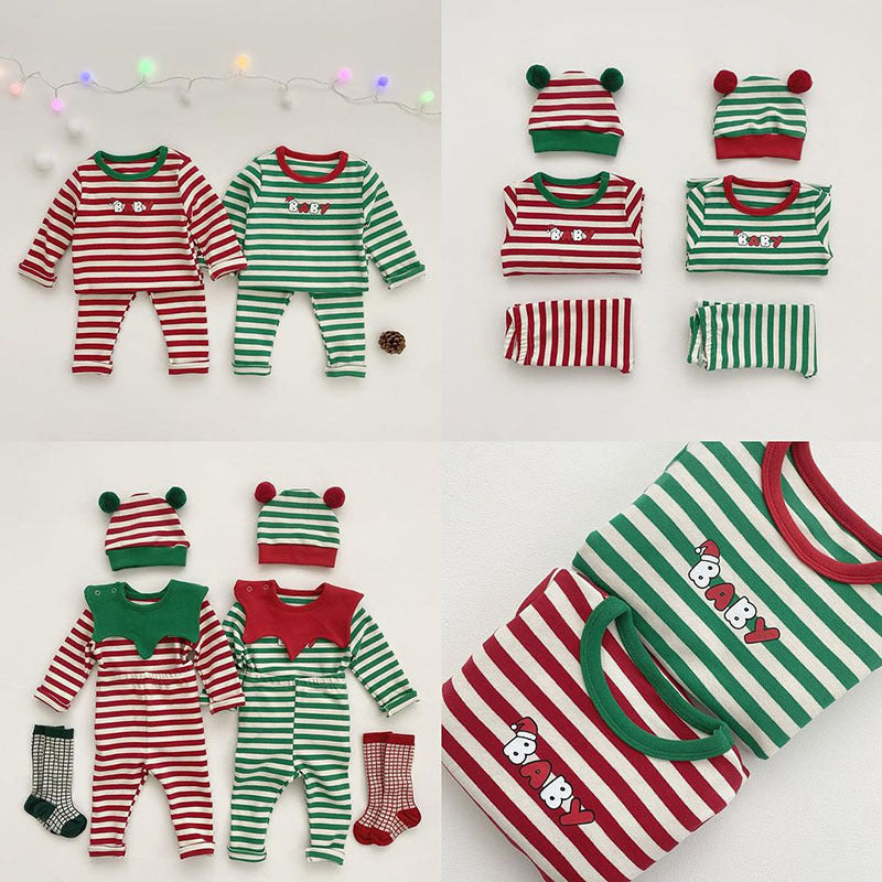 Korean version autumn and winter newborn baby children's Christmas long-sleeved four-piece suit striped pants detachable hood romper children's set