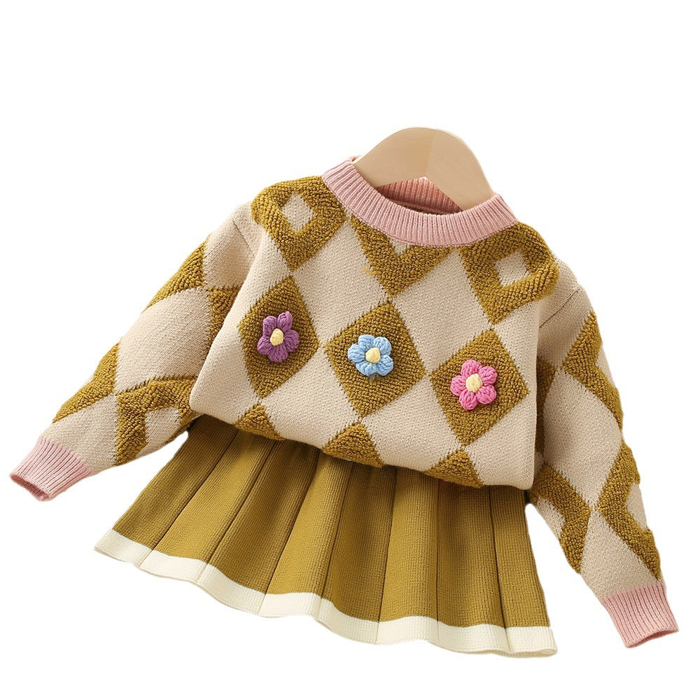 Girls sweater suit 2023 autumn and winter new style fashionable baby girl flower contrast color long sleeve children's knitted two-piece suit
