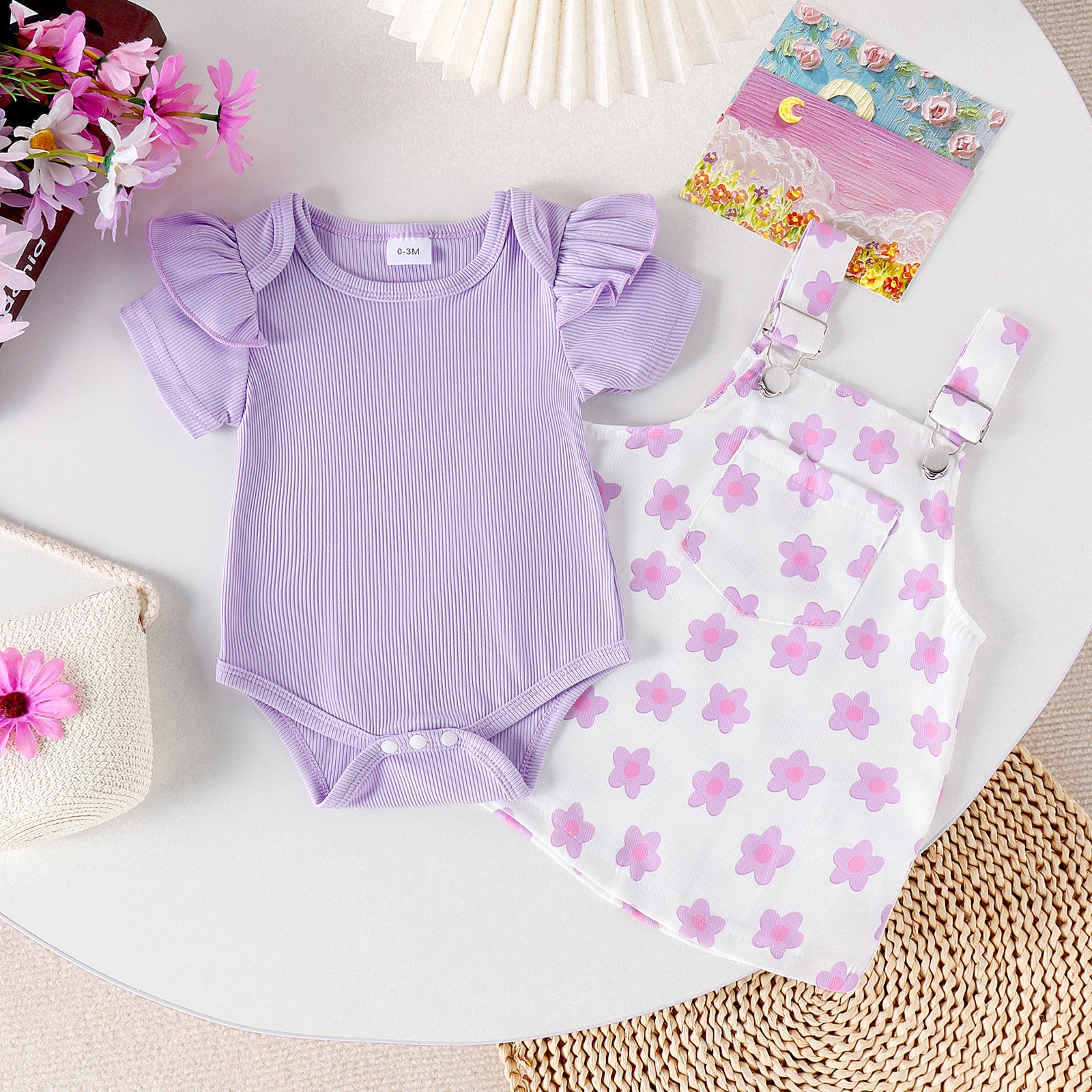 Cross-border Korean cute baby and toddler suits Summer flying sleeves open crotch inner wear Flower print suspender skirt two-piece suit