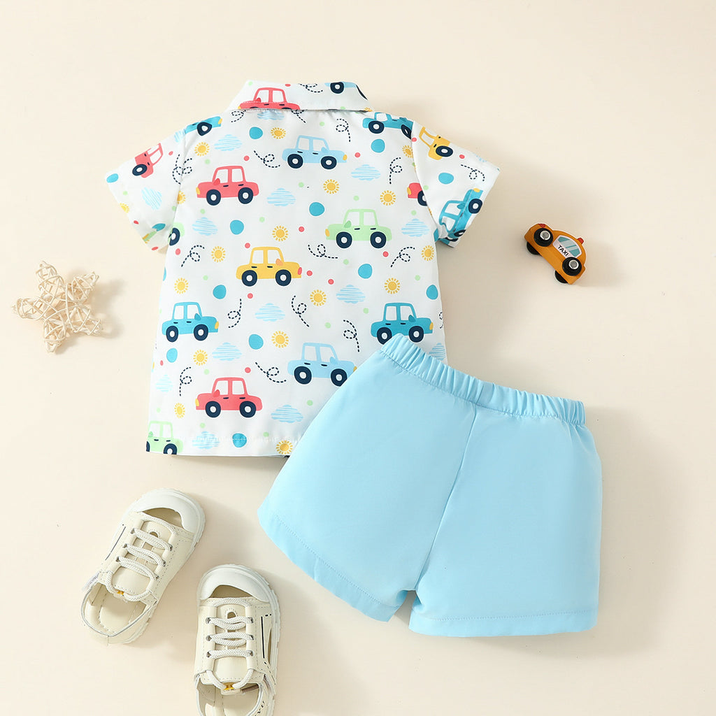 Children's clothing 2024 summer new style baby boy shirt dress cartoon cute top solid color shorts two-piece suit