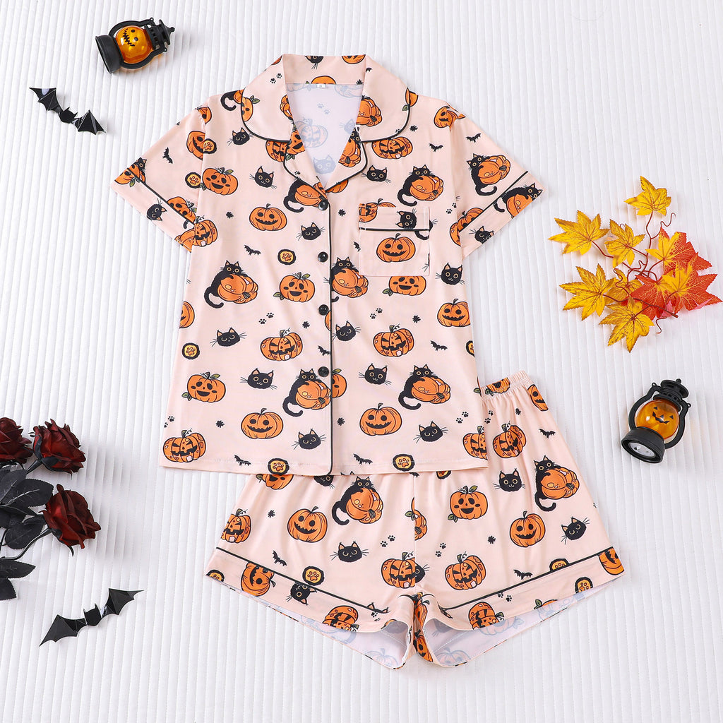 Cross-border foreign trade new European and American women's pajamas Halloween print lapel short-sleeved shorts European and American home clothes suit