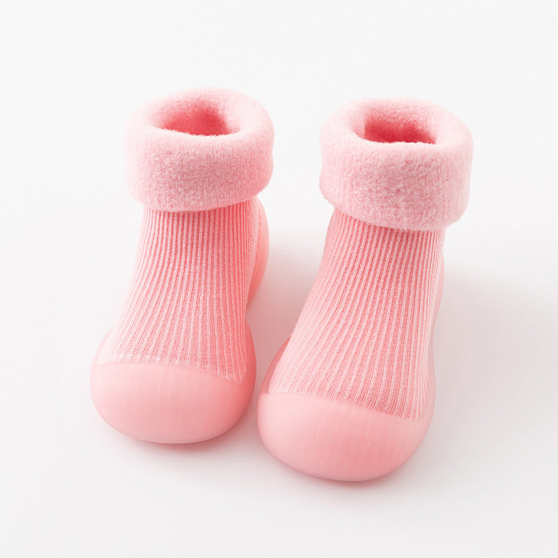 Autumn and winter baby solid color soft sole non-slip toddler shoes children's mid-tube indoor snow warm socks shoes plus velvet thickening