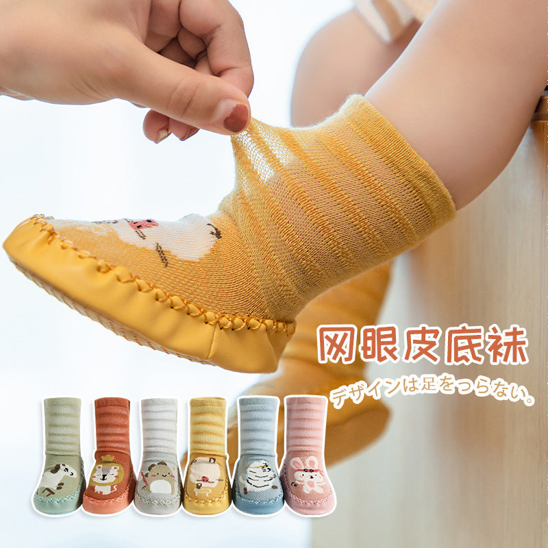 Thin cotton breathable cartoon baby toddler shoes socks infant toddler children dotted floor socks mesh tube leather bottom socks