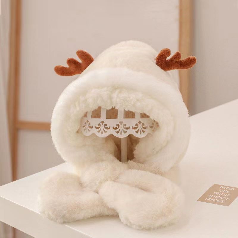 Winter outdoor children's hat scarf integrated boys and girls thick warm plush cute baby deer antler ear protection hat