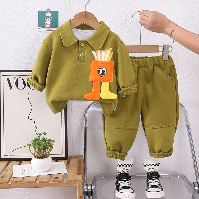 Boys spring and autumn polo shirt suit 2024 new handsome autumn clothes baby long-sleeved sweater two-piece suit trendy style