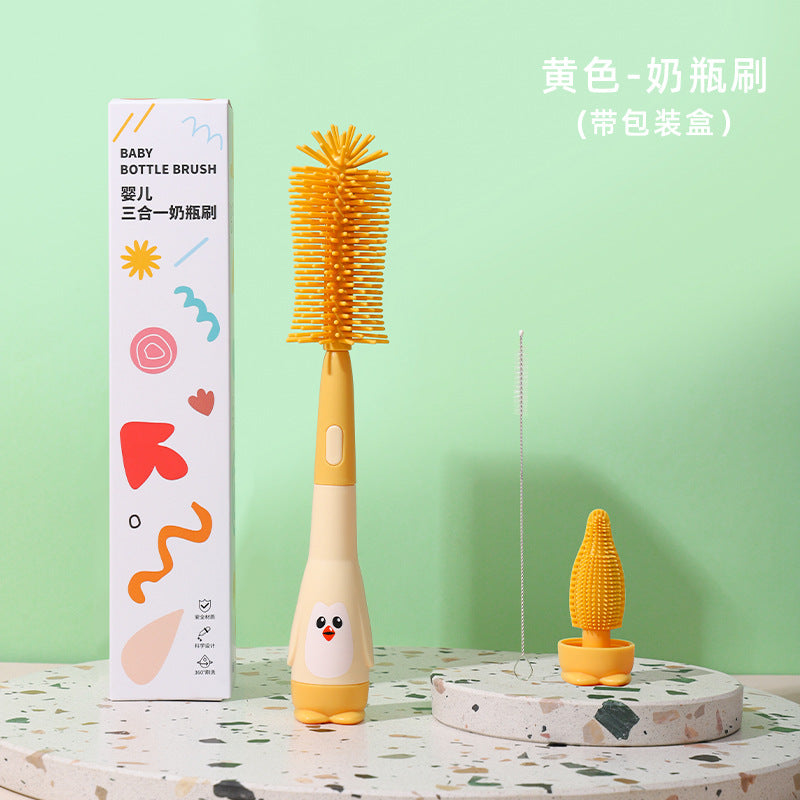 Baby bottle brush penguin three-in-one bottle brush straw brush pacifier brush set water cup cleaning brush spot wholesale