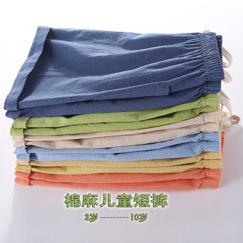 Children's shorts thin pure cotton and linen baby boys and girls outerwear pants shorts hot beach Da Maoren