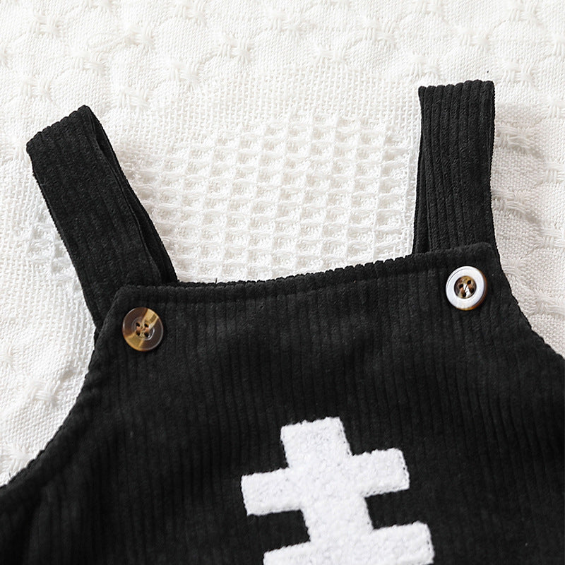 New spring and autumn baby boys and girls corduroy sling rugby embroidered triangle jumpsuit romper crawling clothes