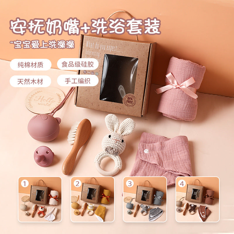 Amazon baby full moon cross-border birth souvenir bath towel wool brush baby bath saliva towel pacifier set