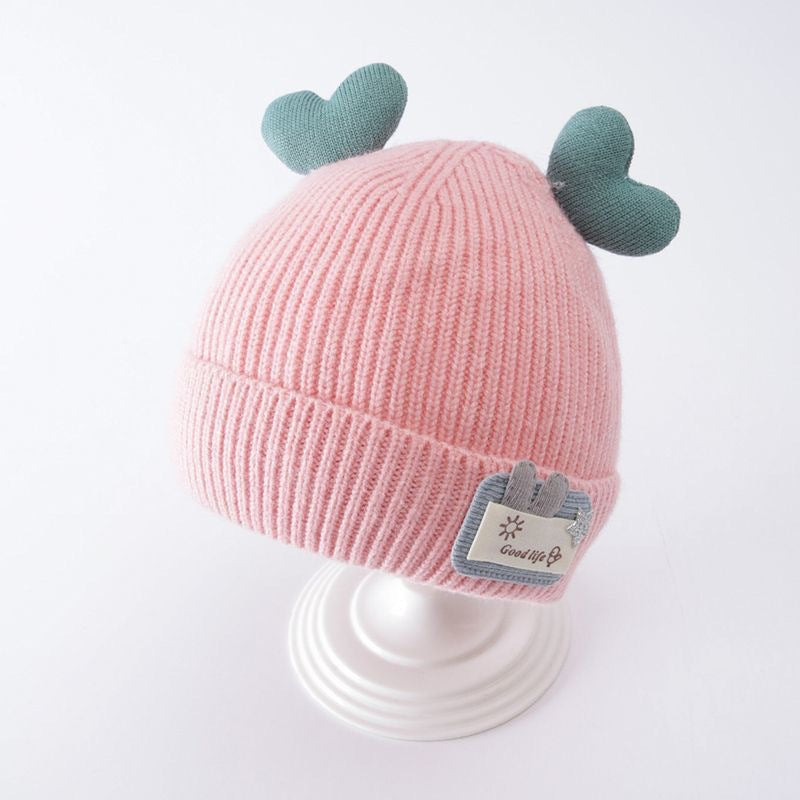 New autumn and winter children's warm hats cute bear double ball hats infant baby warm ear protection knitted wool hat