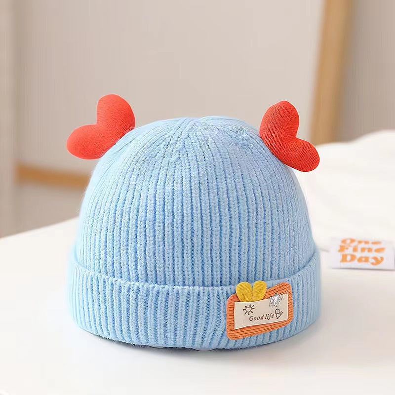 New autumn and winter children's warm hats cute bear double ball hats infant baby warm ear protection knitted wool hat