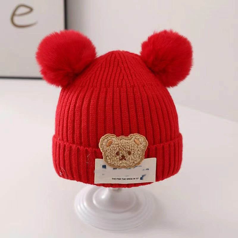 New autumn and winter children's warm hats cute bear double ball hats infant baby warm ear protection knitted wool hat