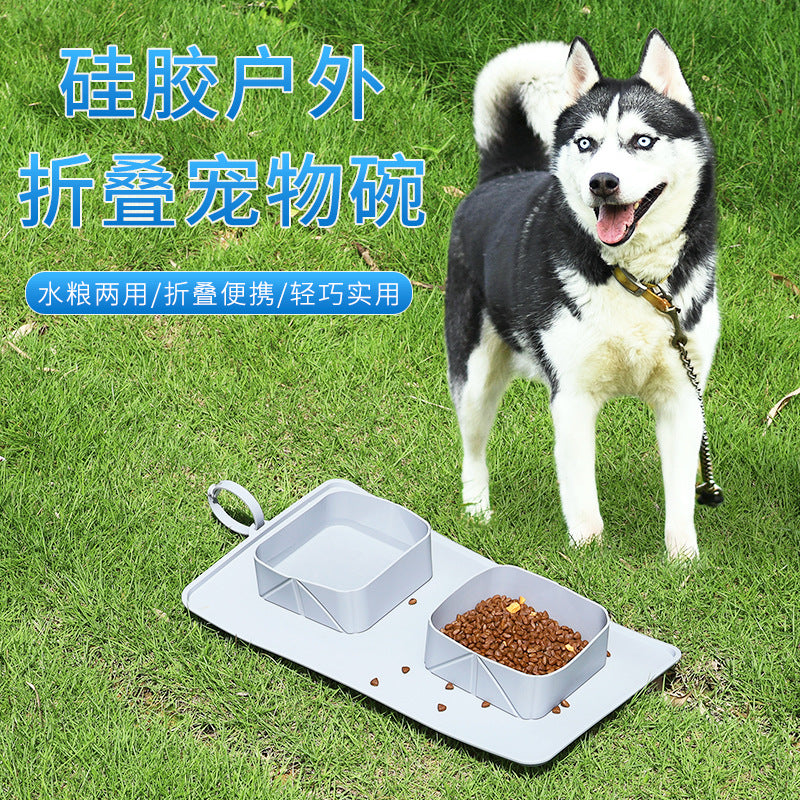 Pet Bowl Silicone Folding Pet Bowl Non-slip Dog Double Bowl Velvet Bag Dog Bowl Outdoor Pet Portable Dog Bowl