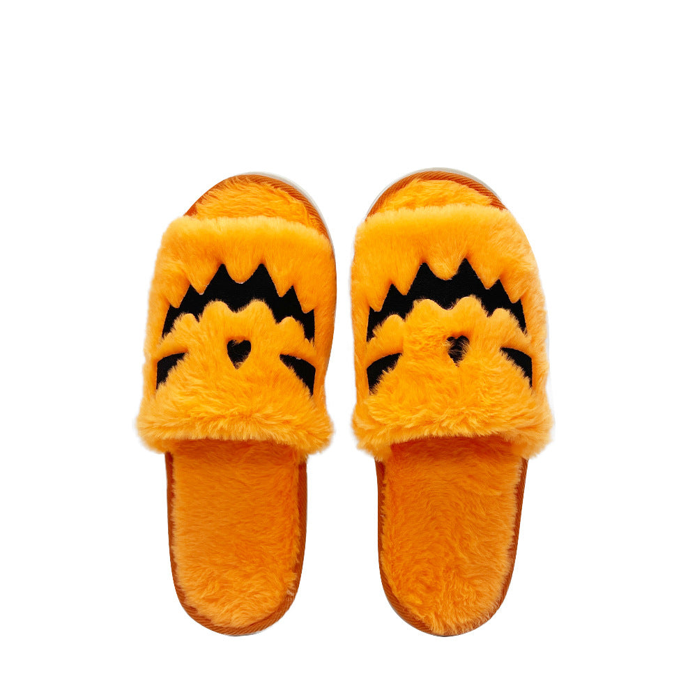 Cross-border hot selling Halloween pumpkin shoes elk Christmas slippers indoor and foreign trade plush open toe plush flat slippers
